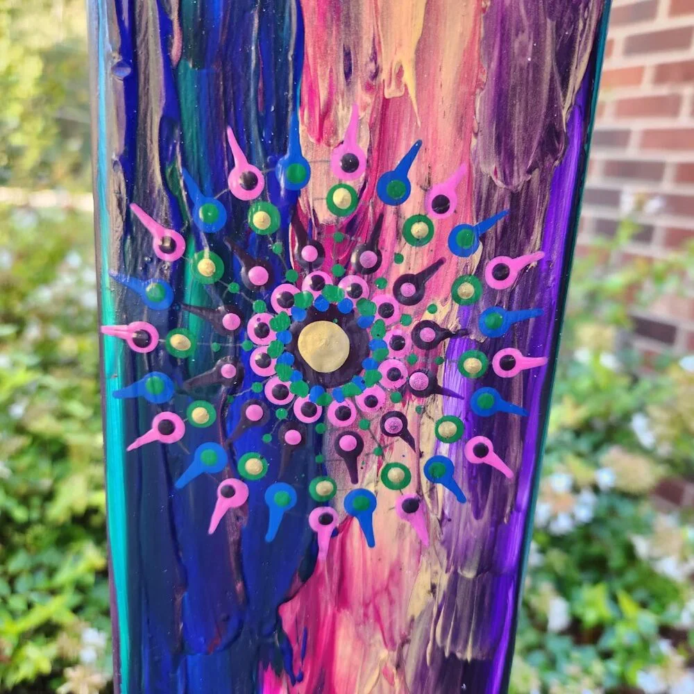 Garden Peace Pole Hand Painted w/ Solar Light Cap & Wire Stand Lighted 4 Sided